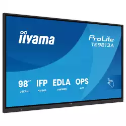 Дисплей IIYAMA TE9813A-B1AG, 97.5" IPS panel, Google EDLA, AG, UHD 3840x2160, 450cd/m2, 1200:1, 8ms, PureTouch-IR+, Android 14, iiWare 21E, iiControl, Quick Radial Menu, 2x HDMI, DP, 2x USB-C, 2x LAN, 3x USB, RS232C, HDMI out, Speakers, WiFi-6, BT, Quad Core A73, 8GB, 128GB, OPS slot, Black