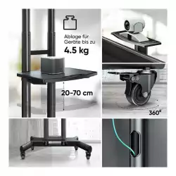 Мобилна стойка за под ONKRON TS1551-B for 40" - 70" displays, max 46kg, Height adjustable columns, AV shelves, Lockable wheels, Black
