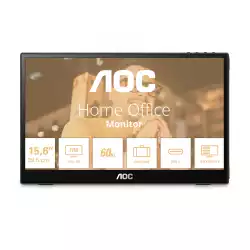 Монитор AOC 16T3EA, 15.6" portable monitor, IPS panel, FHD 1920x1080, 16:9, 250cd/m2, 700:1, 50M:1, 60Hz, 4ms, Autopivot feature, Flicker-Free, USB-C, PD up to 15W, Audio out, Tilt, Pivot, VESA, Black