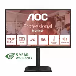 Монитор AOC 24E4U, 23.8" IPS panel, AG, 16:9, FHD 1920x1080, 300cd/m2, 1500:1, 4ms, 120Hz, Flicker Free, Anti Blue Light, Adaptive Sync, sRGB, VGA, HDMI, DP, 4x USB, Audio out, Speakers, HAS, Swivel, Tilt, Pivot, VESA 100, Energy class C, Black