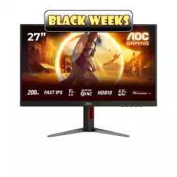 Монитор AOC 27G4HA, 27", Gaming monitor, Fast IPS panel, AG, 16:9, FHD 1920x1080, 0.5ms, 200Hz, 300cd/m2, 1000:1, HDR 10, G-SYNC Compatible, Flicker Free, Low Blue Light, 2x HDMI, DP, Audio Out, Speakers, Tilt, HAS, Swivel, Pivot, VESA 100, Black