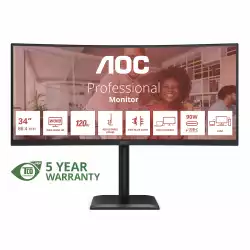 Монитор AOC CU34E4CV, 34" VA panel, AG, Curved 1500R, WQHD 3440x1440, 21:9, 120Hz, 4ms, 350 cd/m2, 3500:1, 20M:1, HDR 10, KVM, PbP, PiP, USB-C Docking, 2x HDMI, DP, USB-C, 4x USB, LAN, Audio out, HAS, Swivel, Tilt, VESA 100, Black