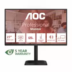 Монитор AOC Q27E4CV, 27", IPS panel, AG, 16:9, QHD 2560x1440, 350 cd/m2, 1500:1, 20M:1, 120Hz, 4ms, 3H, 4 side like, Flicker- free, Eye Comfort, Adaptive Sync, HDR mode, USB-C, HDMI, DP, 4x USB, DP out, LAN, Audio out, PD 90W, Speakers, HAS, Swivel, Tilt, Pivot, VESA 100, Black