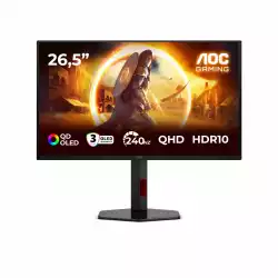 Монитор AOC Q27G4ZDR, 26.5 inch Gaming monitor, QD - OLED, QHD 2560x1440, 240Hz, 0.03ms, 400cd/m2, 1.5M:1, HDR 10, G-SYNC Compatible, PiP+PbP, 2x HDMI, DP, 2x USB, HAS, Swivel, Tilt, Pivot, VESA 100, Black