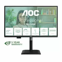 Монитор AOC Q27P4U, 27" IPS WLED panel, AG, 16:9, QHD 2560x1440, 350cd/m2, 1500:1, 50M:1, 120Hz, 4ms, HDR mode, Adaptive Sync, Flicker Free, Anti Blue Light, sRGB, Pop-out USB Hub, 2x HDMI, DP, USB-C, 3x USB, Audio out, Speakers, HAS, Swivel, Tilt, Pivot, VESA 100, Energy class C, Black
