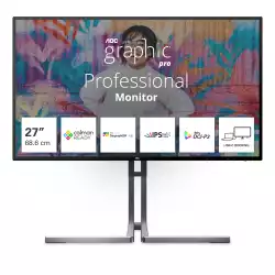 Монитор AOC U27U3CV, 27" Nano IPS panel, AG, 16:9, UHD 3840x2160, 350cd/m2, 1300:1, 4ms, 60Hz, Adaptive Sync, PiP, PbP, Flicker Free, KVM, DCI-P3, sRGB, 2x HDMI, DP, 3x USB-C, 4x USB, LAN, Speakers, HAS, Swivel, Tilt, Pivot, VESA 100, Black                          