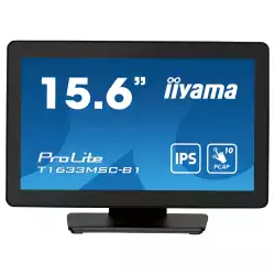 Монитор IIYAMA T1633MSC-B1, 15.6", IPS panel, Edge to edge glass, FHD 1920x1080, 16:9, 450cd/m2, 1000:1, 5ms, 10-pts PCAP touch, HDMI, DisplayPort, 2x USB, Speakers, IP54 front, Tilt, VESA 100, Black