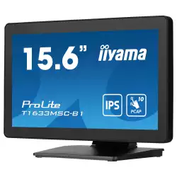 Монитор IIYAMA T1633MSC-B1, 15.6", IPS panel, Edge to edge glass, FHD 1920x1080, 16:9, 450cd/m2, 1000:1, 5ms, 10-pts PCAP touch, HDMI, DisplayPort, 2x USB, Speakers, IP54 front, Tilt, VESA 100, Black