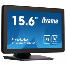 Монитор IIYAMA T1633MSC-B1, 15.6", IPS panel, Edge to edge glass, FHD 1920x1080, 16:9, 450cd/m2, 1000:1, 5ms, 10-pts PCAP touch, HDMI, DisplayPort, 2x USB, Speakers, IP54 front, Tilt, VESA 100, Black