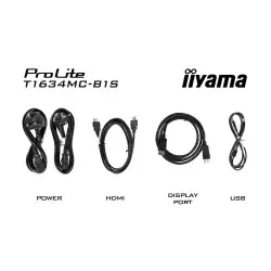Монитор IIYAMA T1634MC-B1S, 15.6", Touch monitor, Projective capacitive, IPS LED Panel, 16:9, 450cd/m2, 700:1, 25ms, 7H, IP65 Front, Anti-fingerprint coating, Palm rejection, VGA, HDMI, DisplayPort, External control pad TOUCHV01, Tilt, Landscape, Face up, VESA 100, Black