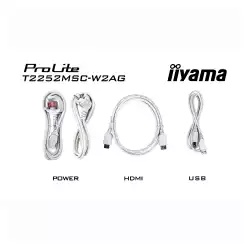 Монитор IIYAMA T2252MSC-W2AG, 21.5 inch, IPS panel, AG, 16:9, FHD 1920x1080, 250cd/m2, 1000:1, 5ms, 7H, 10-pts PCAP touch, Palm rejection, OSD key lock, Anti- fingerprint, HDMI, DP, 2x USB, Audio out, Speakers, Tilt, VESA, White