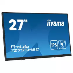 Монитор IIYAMA T2755MSC-B1, 27", IPS panel, Edge to edge glass, Optical bonded 10 -points PCAP touch, Anti-Fingerprint, 16:9, FHD 1920 x 1080, 400cd/m2, 1000:1, 5ms, 60Hz, Palm rejection, OSD key lock, HDMI, DP, 2x USB, Mini jack, Speakers, Tilt, VESA 100, Black