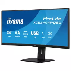Монитор IIYAMA XCB3494WQSU-B1, 34", Curved VA panel, AG, 21:9, UWQHD 3440 x 1440, 350cd/m2, 3000:1, 0.4ms, 120Hz, FreeSync Premium, Flicker free, Blue light reducer, 2x HDMI, DP, 4x USB, Audio out, HAS, Swivel, Tilt, Pivot, VESA 100, Black