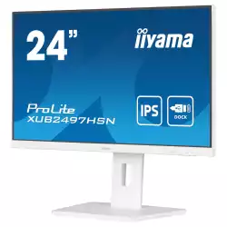 Монитор IIYAMA XUB2497HSN-W2, 23.8", IPS LED panel, 16:9, FHD 1920x1080, 1ms, 300cd/m2, 1300:1, 100Hz, Flicker free, Adaptive Sync, HDMI, DP, 4x USB, USB-C, LAN, DP Out, Docking, Speakers, HAS, Swivel, Tilt, Pivot, VESA 100, White