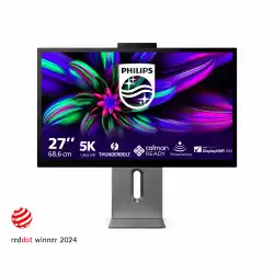 Монитор Philips 27E3U7903/00, 27" IPS panel, AG, 7H, 5K 5120x2880, 500cd/m2, 2000:1, 4ms, 70Hz, Calman Ready, HDR 600, REC 709, DCI-P3, Adobe RGB, Flicker-free, Thunderbolt 4, HDMI, LAN, 2x USB-C, TB out, 2x USB, Speakers, KVM, AI 5MP Webcam, PbP, HAS, Swivel, Tilt, Pivot, Black/Grey
