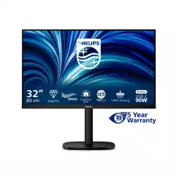 Монитор Philips 32B2U3601/00, 31.5" IPS WLED panel, AG, 16:9, 2K QHD 2560x1440, 350cd/m2, 1000:1, 4ms, 100Hz, SoftBlue, SmartImage, Adaptive Sync, USB-C, HDMI, DisplayPort, 4x USB, LAN, HBR3, DP out, Speakers, HAS, Swivel, Tilt, Pivot, VESA, Black