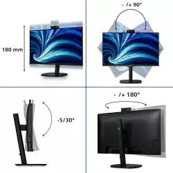 Монитор Philips 32B2U3601H/00, 31.5" IPS WLED panel, AG, 16:9, 2K QHD 2560x1440, 350cd/m2, 1000:1, 4ms, 100Hz, SoftBlue, SmartImage, Adaptive Sync, USB-C, HDMI, DisplayPort, 4x USB, LAN, HBR3, DP out, Speakers, HAS, Swivel, Tilt, Pivot, Windows Hello Web Cam, VESA 100, Black