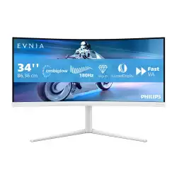 Монитор Philips 34M2C5501A/00, 34", Evnia curved gaming monitor, VA panel, 1500R, 21:9, WQHD 3440x1440, 300cd/m2, 4000:1, 180Hz, 0.5ms, HDR 400, AMD FreeSync, Flicker-free, Low Input Lag, 2x HDMI, DP, 3x USB, Audio out, Speakers, Ambiglow, HAS, Swivel, Tilt, VESA 100, White