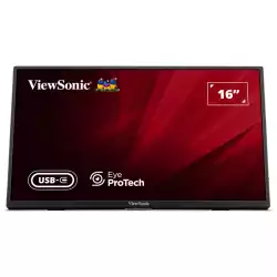 Монитор ViewSonic VA1650, 16" Lightweight portable monitor, IPS panel, FHD 1920x1080, AG, 250cd/m2, 1000:1, 60Hz, 7ms, HDMI, USB-C, Audio out, 65W PD, Speakers, Tilt, VESA 75, Black