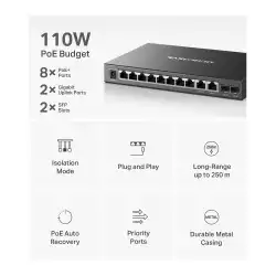 12-портов гигабитов настолен комутатор с 8 PoE+ порта Mercusys MS112GMP