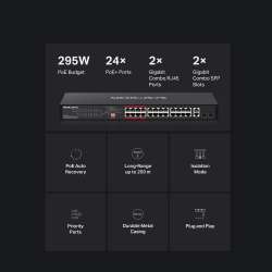 24-портов 10/100 Mbps + 2-портов Gigabit Rackmount комутатор с 24 PoE+ порта Mercusys MS126CP