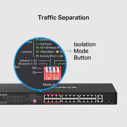24-портов 10/100 Mbps + 2-портов Gigabit Rackmount комутатор с 24 PoE+ порта Mercusys MS126CP