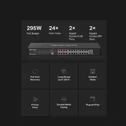 24-портов 10/100 Mbps + 2-портов Gigabit Rackmount комутатор с 24 PoE+ порта Mercusys MS126CP
