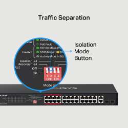 24-портов 10/100 Mbps + 2-портов Gigabit Rackmount комутатор с 24 PoE+ порта Mercusys MS126CP