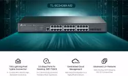 24-портов комутатор TP-Link TL-SG3428X-M2 JetStream 2.5GBASE-T L2+ управляван с 4 10GE SFP+ слота