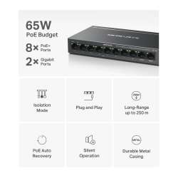 8-портов 10/100 Mbps + 2-портов Gigabit Desktop комутатор Mercusys MS110CP с 8 PoE+ порта