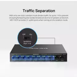 8-портов 10/100 Mbps + 2-портов Gigabit Desktop комутатор Mercusys MS110CP с 8 PoE+ порта