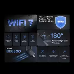 Безжичен USB адаптер с висок коефициент на усилване Mercusys MA37BEH BE6500 Wi-Fi 7