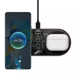 Безжично зарядно устройство Baseus WXSX010101 2in1 20W за Qi съвместими устройства, черен-прозрачен