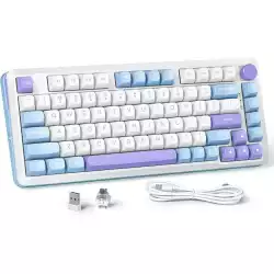 Геймърска механична клавиатура Redragon Cyrus Pro K681WBP-RGB-PRO с Bluetooth и безжична връзка, бяла с лилаво RGB осветление