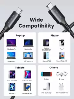 Кабел Ugreen US567 15373 USB-C към USB-C, 60W, 1м                          