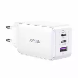 Зарядно устройство Ugreen 15339 Nexode Мрежов адаптер, 2xUSB-C, USB-A 3.0, PD3.0, QC4.0, GaN, 65W - бяло