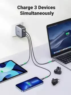 Зарядно устройство Ugreen CD296 90409, 220V 2xUSB C,1xUSB,65W, с адаптери за US,UK,EU