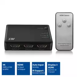 3 портов HDMI суич ACT , 4K@@60Hz, USB, Дистанционно, Черен