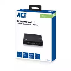 3 портов HDMI суич ACT , 4K@@60Hz, USB, Дистанционно, Черен