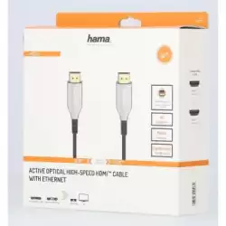 Оптичен активен кабел HAMA Optical, HDMI мъжко - HDMI мъжко, Ethernet, 18 Gbit/s, 15м, Позл.конектори, Черен                          