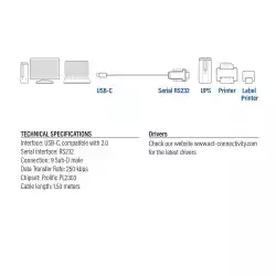 Конвертор ACT AC6002, USB-C мъжко - RS232 мъжко, 9 pin, 1.5 м, Черен