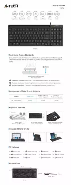 A4tech Fstyler FX70 Жична клавиатура, ниско профилна, ножична технология, кирилизирана, черна