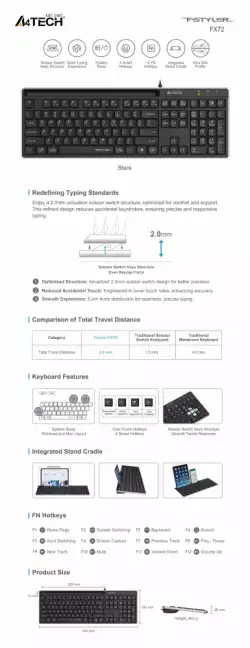 A4tech Fstyler FX72 Жична клавиатура, ниско профилна, ножична технология, кирилизирана, черна