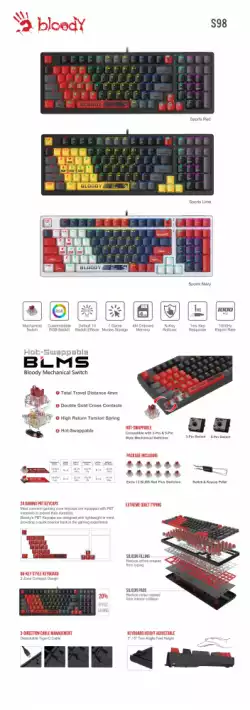 А4tech Геймърска механична  клавиатура Bloody Sports Navy S98 BLMS RGB Backlit red switch , USB