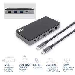 ACT Докинг станция USB-C, 4K, 2 x HDMI, Ethernet, USB-C, 3x USB-A                          