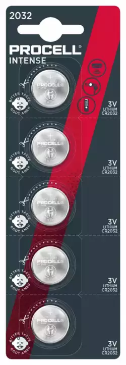 Бутонна батерия DURACELL PROCELL CR2032, 3V, 5 бр. в блистер, Литиева, /цена за 1 батерия/                          