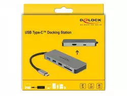 Докинг станция Delock, USB-A, USB-C, HDMI, SD, Micro SD, PD, 4K, Подсветка, Сива
