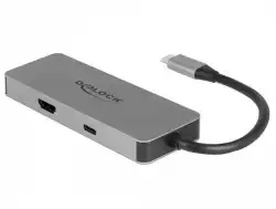 Докинг станция Delock, USB-A, USB-C, HDMI, SD, Micro SD, PD, 4K, Подсветка, Сива