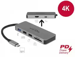 Докинг станция Delock, USB-A, USB-C, HDMI, SD, Micro SD, PD, 4K, Подсветка, Сива