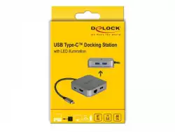 Докинг станция Delock, USB-A, USB-C, HDMI, Gigabit LAN, PD, Подсветка, Сива